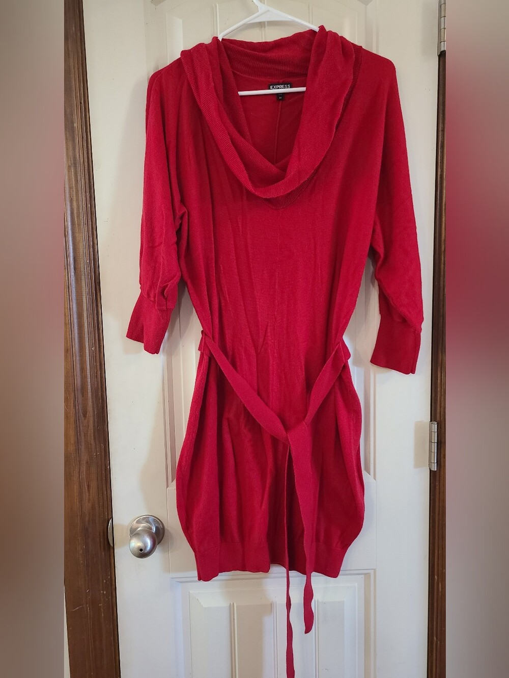 Express Red Cowl-Neck Sweater Dress with Waist Tie Size M